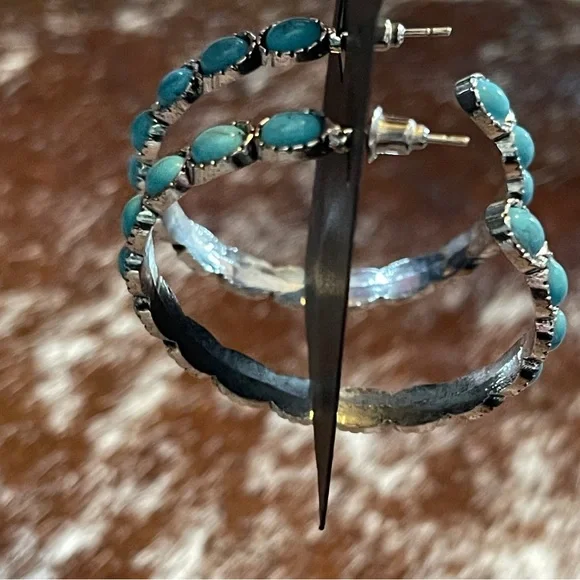 Turquoise‎ & Silver Large Hoop Earrings with Long Post for Western and Boho - Picture 4 of 9